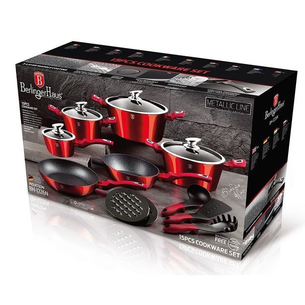 BERLINGERHAUS Sada nádobí s mramorovým povrchem 15 ks Burgundy Metallic Line BH-1226