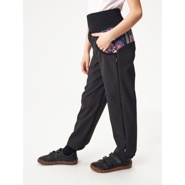 Unuo, Dětské softshellové kalhoty s fleecem Basic, Černá, Kouzelné květiny