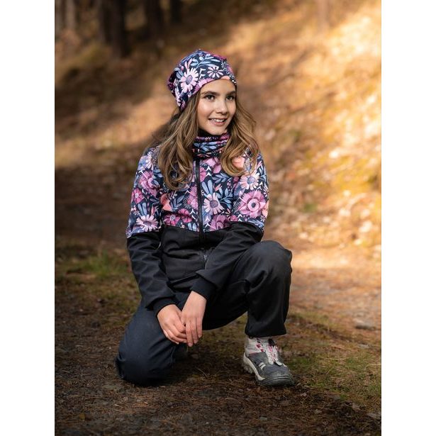 Unuo, Dívčí softshellový kabát s fleecem Street, Černá, Kouzelné květiny