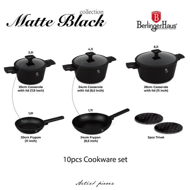 BERLINGERHAUS Sada nádobí s titanovým povrchem 10 ks Matte Black Collection BH-8197