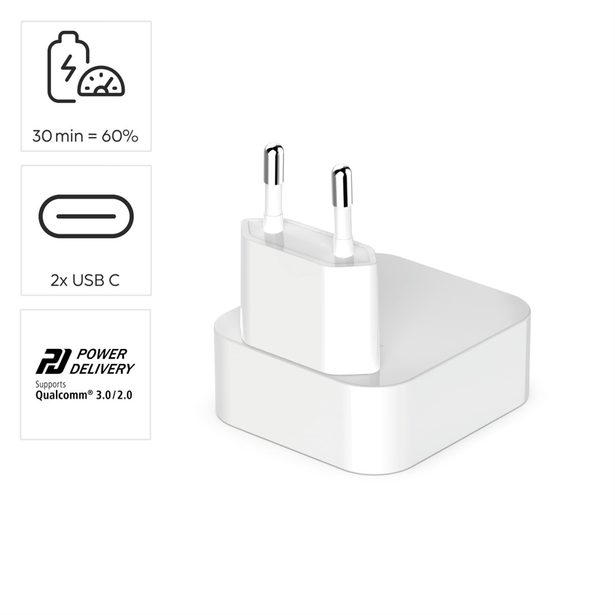 Hama rychlá USB nabíječka GaN, 2x USB-C PD/QC 40 W, skládací