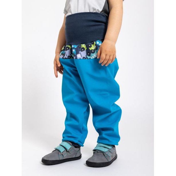 unuo Batolecí softshellové kalhoty s fleecem Autíčka tyrkysové (Softshell toodler trousers)
