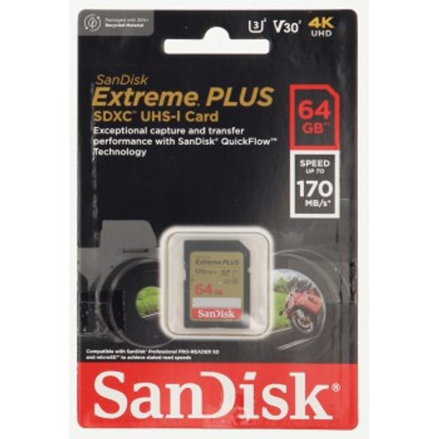 SanDisk Extreme PLUS 64 GB SDXC Memory Card 170 MB/s and 80 MB/s, UHS-I, Class 10, U3, V30