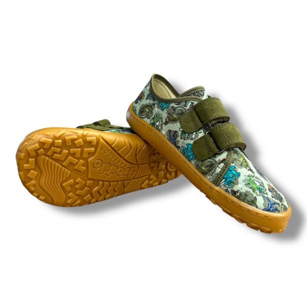 Froddo G1700422-3 barefoot plátěnky – přezůvky do školy (Dinosauři / Olive)