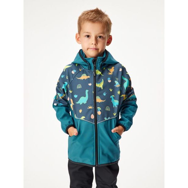 Unuo, Dětská softshellová bunda s fleecem Slim, Kobaltová, Dinosauři