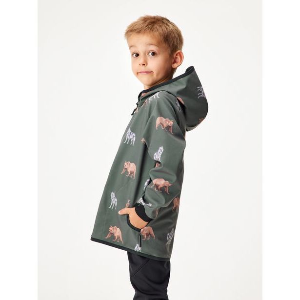 Unuo, Dětská softshellová bunda s fleecem Basic, Khaki, Lesní zvířata