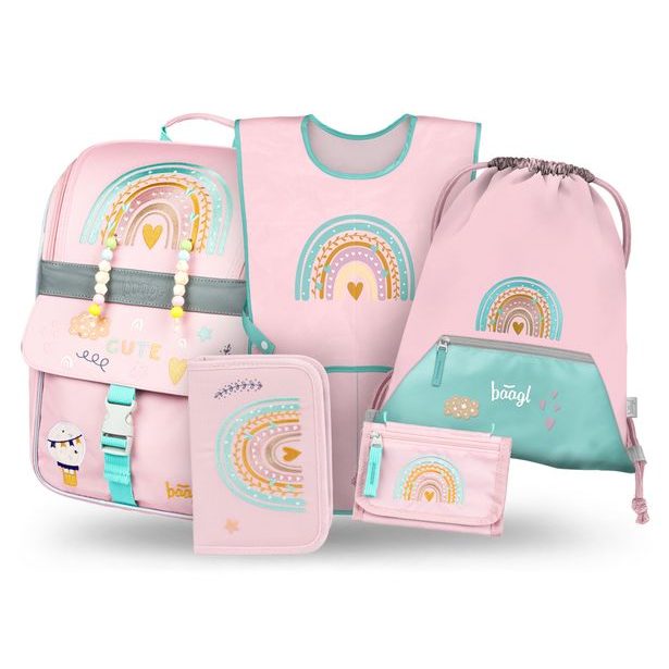 BAAGL SET 5 Zippy Duha růžový: aktovka, penál, sáček, zástěra, peněženka