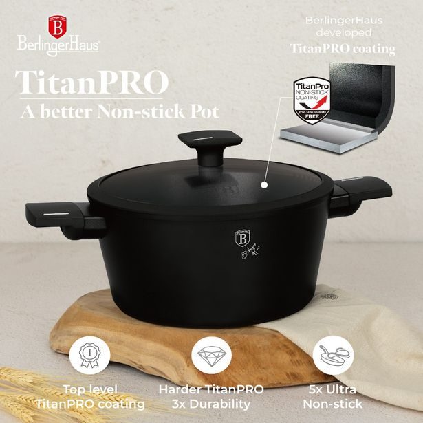 BERLINGERHAUS Kastrol s titanovým povrchem a poklicí 24 cm Matte Black Collection BH-8188