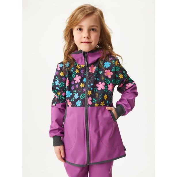 Unuo Dívčí softshellový kabát s fleecem Street, Ostružinová, Kytičky