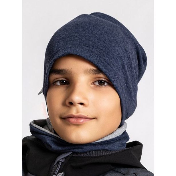 unuo teplákovinová čepice spadená, Jeans melír