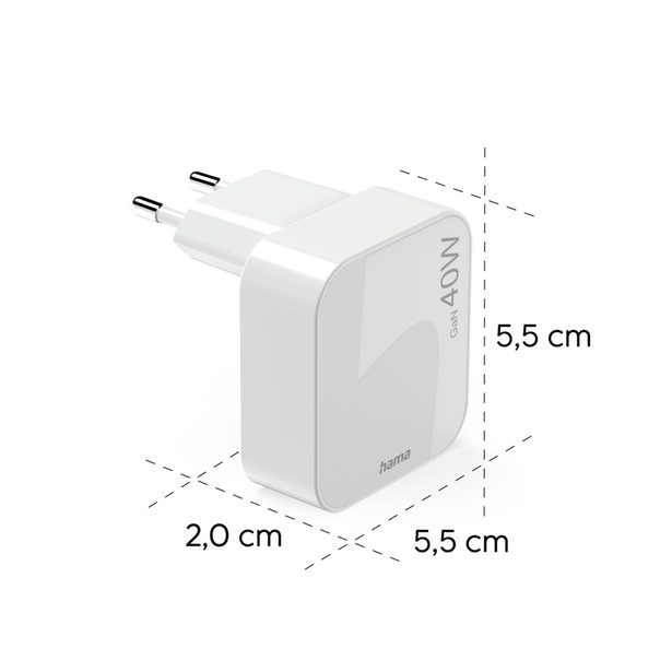 Hama rychlá USB nabíječka GaN, 2x USB-C PD/QC 40 W, skládací