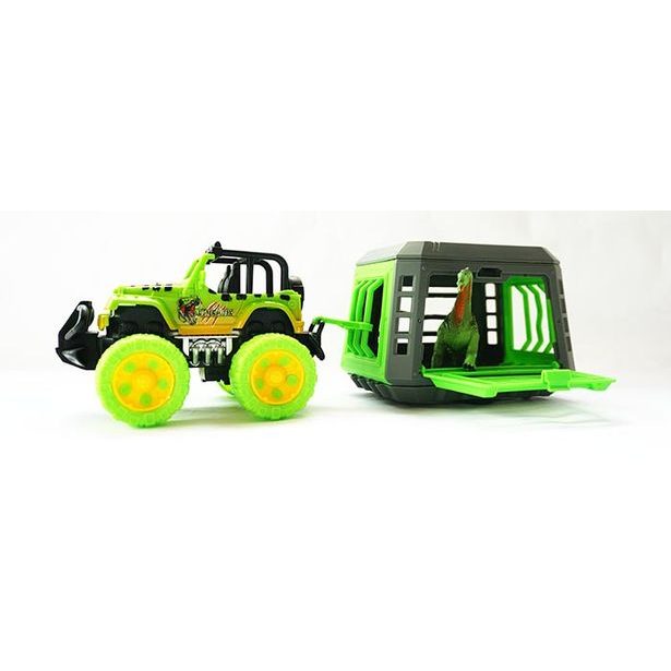 Jeep s přívěsem a dinosaurem