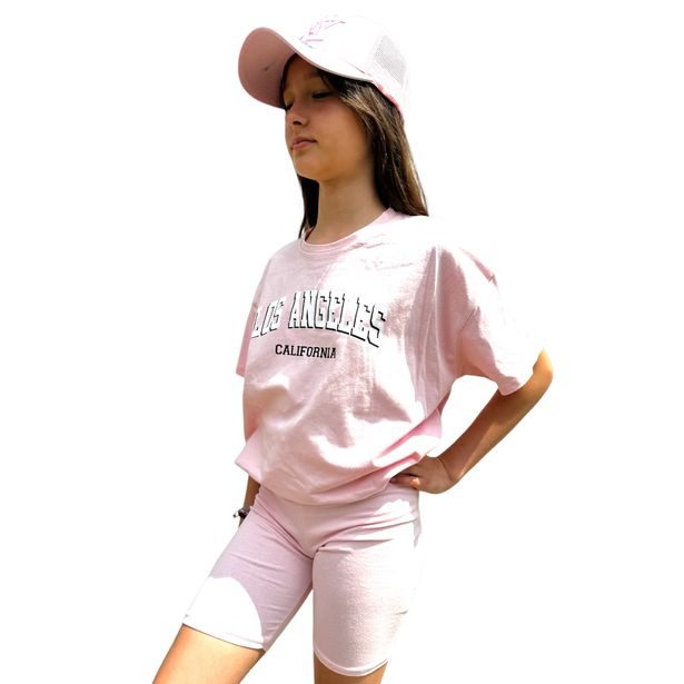 Komplet oversize triko LOS ANGELES + kraťasy sv. růžový