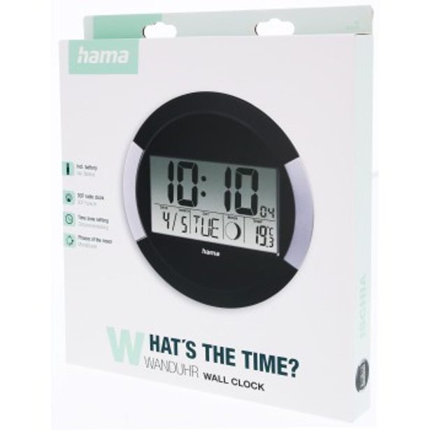 Hama Ischia, nástěnné hodiny digitální, rádiový signál DCF, datum, teplota, fáza měsíce