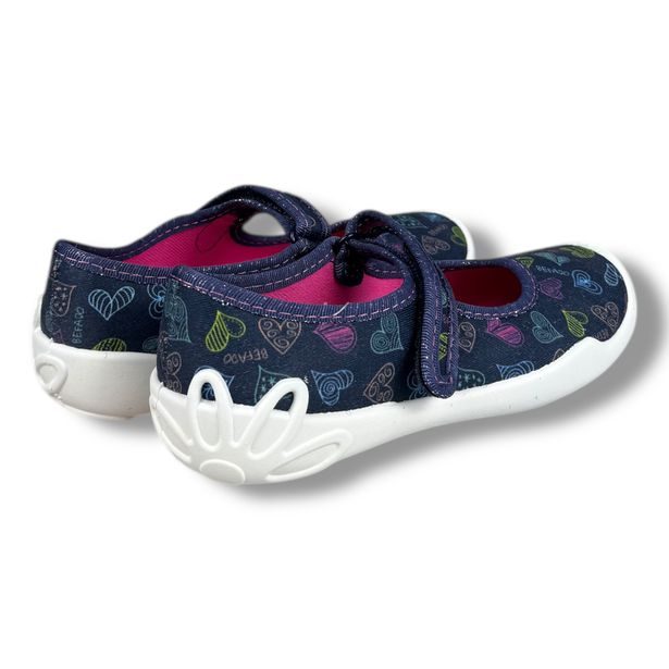 Dívčí balerínky, domácí obuv Befado - modré, srdíčka