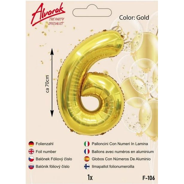 balónek číslo "6" -Fóliový zlatý 70 cm 1ks/bal