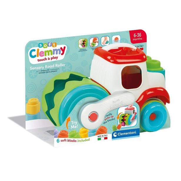 CLEMENTONI Clemmy baby - Stavební stroj, senzorický válec s měkkými kostkami
