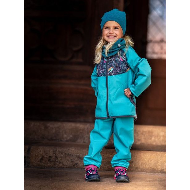 Unuo, Batolecí softshellové kalhoty s fleecem, Smaragdová + reflexní obrázek Evžen (Softshell toodler trousers)