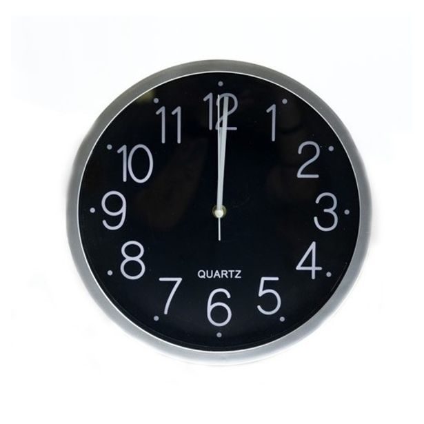 hodiny d30cm, ČERNÉ, stříbrný rám (HA44-51), sklo