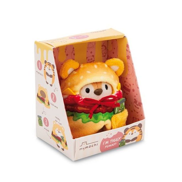 NICI NICI plyš MyMochi Tygr Tiggy 8cm v kostýmu hamburger a okurkou,set dárkové balení 8,5x6,5x10cm