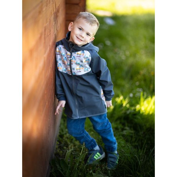 Unuo, Dětská softshellová bunda bez zateplení Basic, Tm. Šedá, Bagry