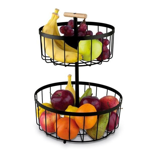 košík 2patrový, 38x29cm, drát.černý, dřev.ruk.