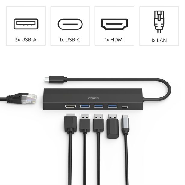 Hama USB-C hub multiport, 3x USB-A, USB-C PD, HDMI, LAN, 6 portů
