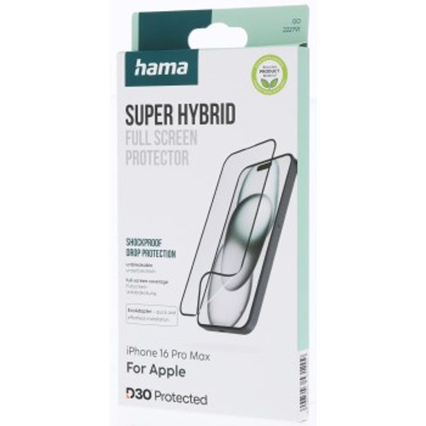 Hama Super Hybrid, nerozbitné ochranné sklo na displej pro Apple iPhone 16 Pro Max, licence D3O®