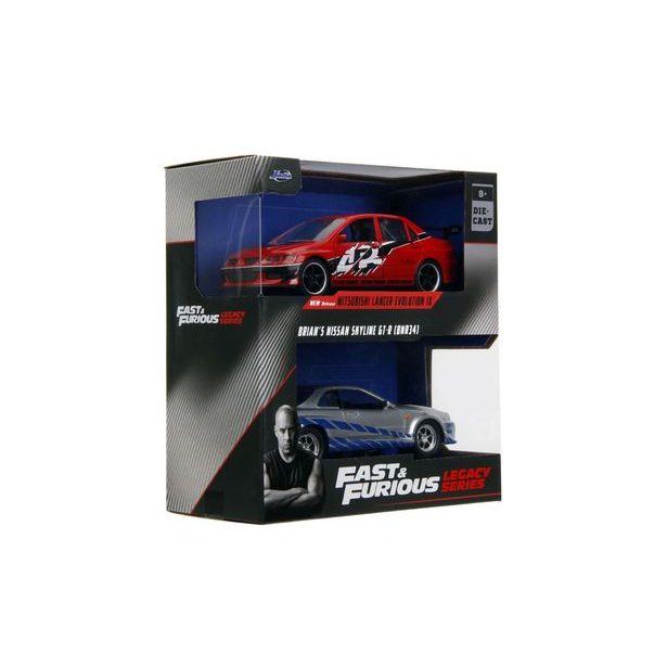 Rychle a zběsile Twin Pack 2006 Mitsubishi Lancer Evo IX + Brianův 2002 Nissan Skyline GTR R34, 1:32 Wave 4/2