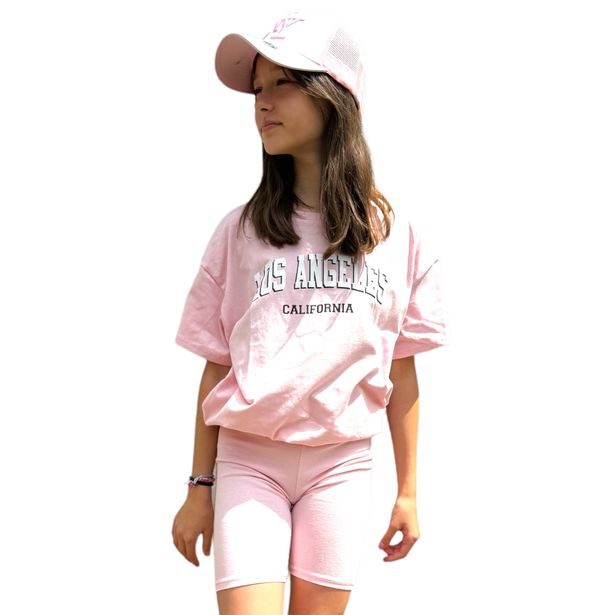 Komplet oversize triko LOS ANGELES + kraťasy sv. růžový