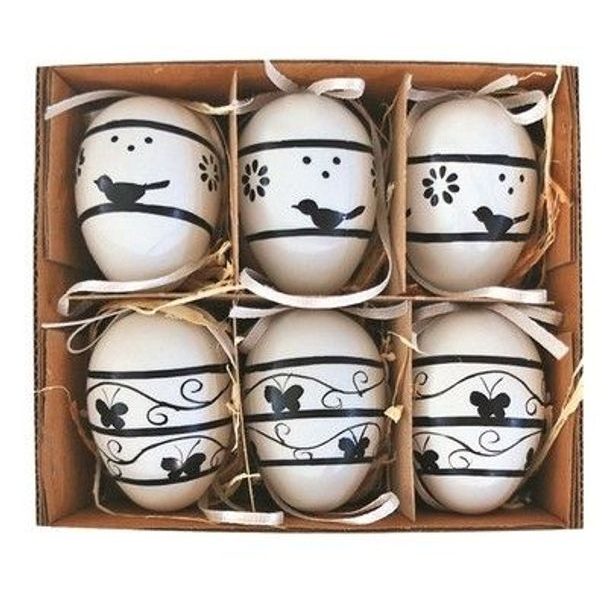 dekorace VAJÍČKA s černým dekorem, 6cm, 6ks, plast, závěs