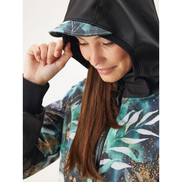 Unuo, Dámský softshellový kabát s fleecem, Černá, Listy a větvičky