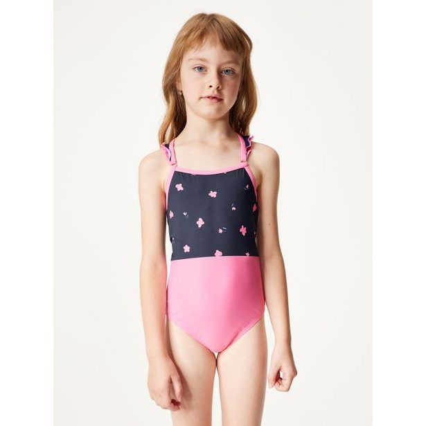 Unuo, Dívčí jednodílné plavky s UV ochranou 50+, Růžová, Květiny