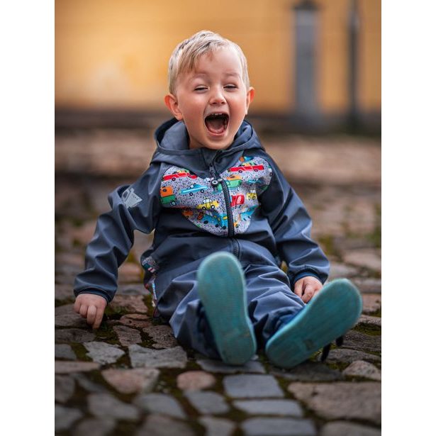 unuo Batolecí softshellové kalhoty bez zateplení Antracitové + reflexní obrázek Evžen (Softshell toodler trousers non warm)