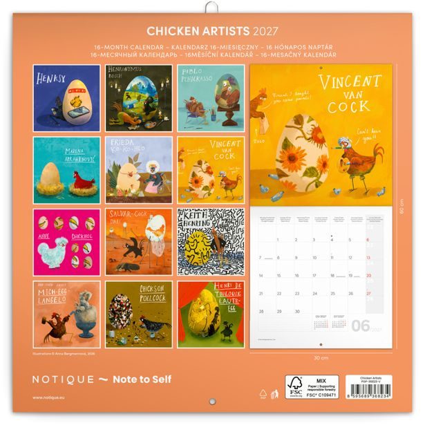 NOTIQUE Poznámkový kalendář Chicken Artists 2027, 30 x 30 cm