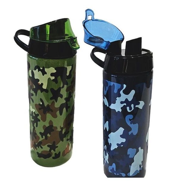 láhev 0,75l KAMUFLÁŽ modrá, zelená, nápitka+kryt, sport, plast