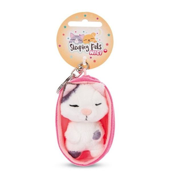 NICI NICI klíčenka Spící kočička 8cm flekatá, košík růžový