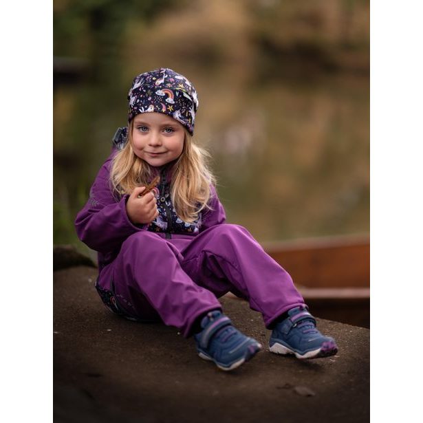 Unuo, Batolecí softshellové kalhoty s fleecem, Ostružinová, Jednorožci (Softshell toodler trousers)