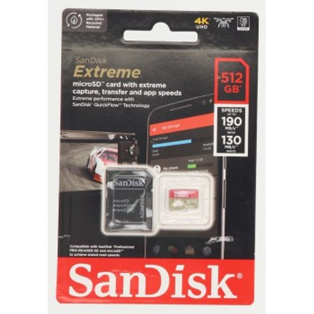 SanDisk Extreme microSDXC 512 GB + SD Adapter 190 MB/s and 130 MB/s A2 C10 V30 UHS-I U3
