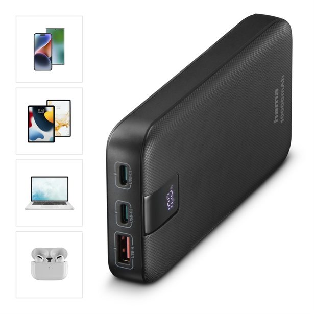 Hama PD 10 powerbanka, 10000 mAh, 3 výstupy: 1x USB-C, 2x USB-A, LED displej, PD, Qualcomm