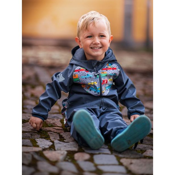 unuo Batolecí softshellové kalhoty bez zateplení Antracitové + reflexní obrázek Evžen (Softshell toodler trousers non warm)