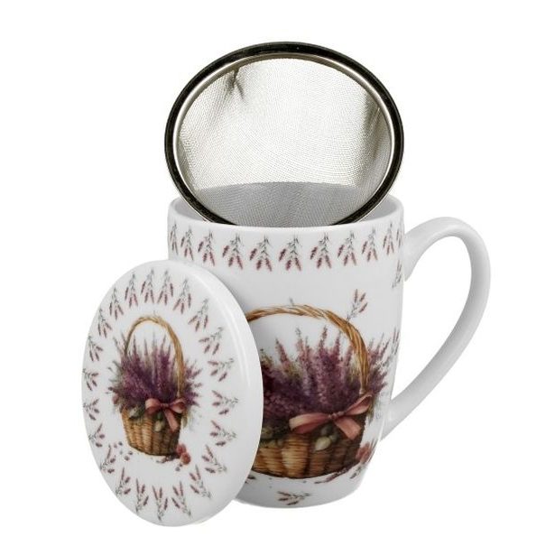 hrnek 380ml LEVANDULE v košíku+víčko+sítko NR, porcelán, DB