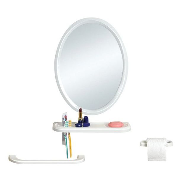 zrcadlo 50x39cm ovál+polička+2držáky-mýdlo,ručník plast.rám