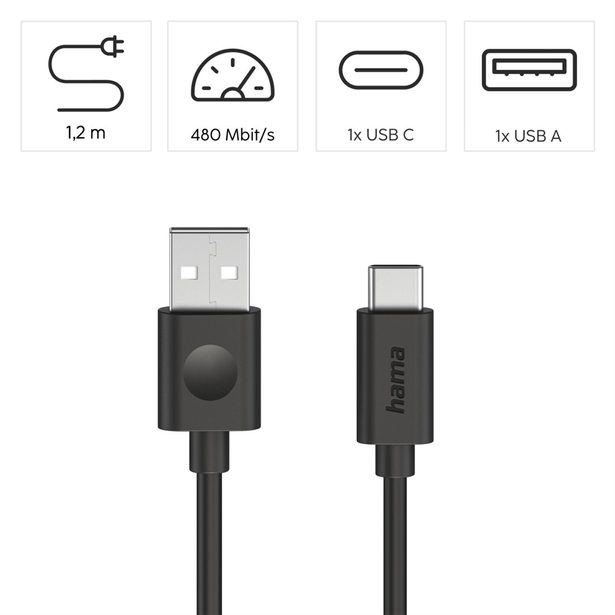 Hama USB 2.0 kabel typ A-C, 1,2 m, Ecosential