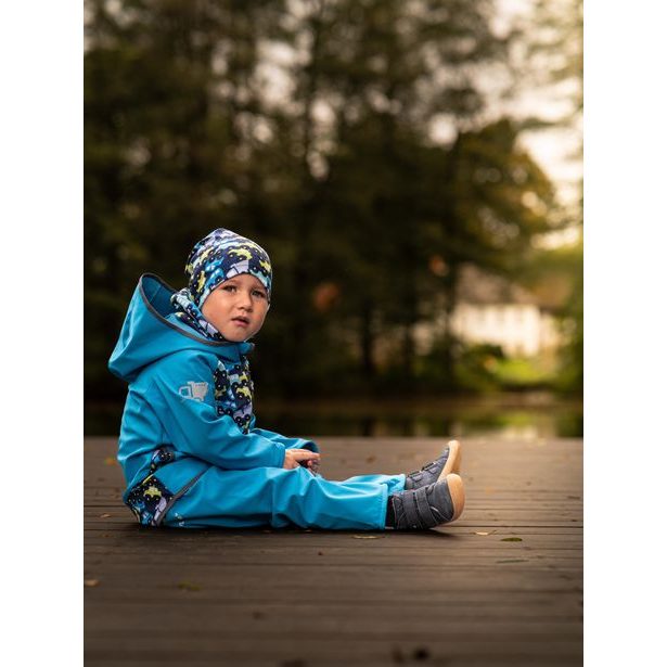 unuo Batolecí softshellové kalhoty s fleecem Autíčka tyrkysové (Softshell toodler trousers)