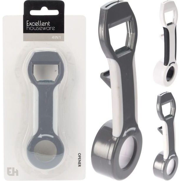otvírák lahví 4 v 1 (korun., PET, OMNIA víčka) 13x4x2cm, plast/kov