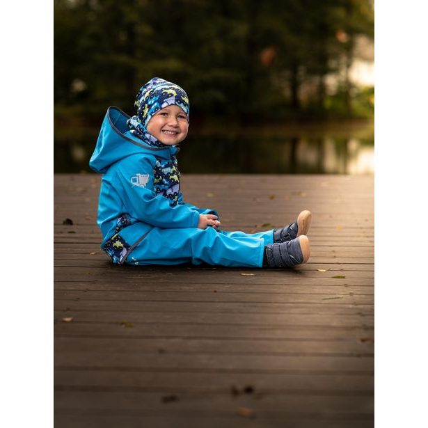 unuo Batolecí softshellové kalhoty s fleecem Autíčka tyrkysové (Softshell toodler trousers)