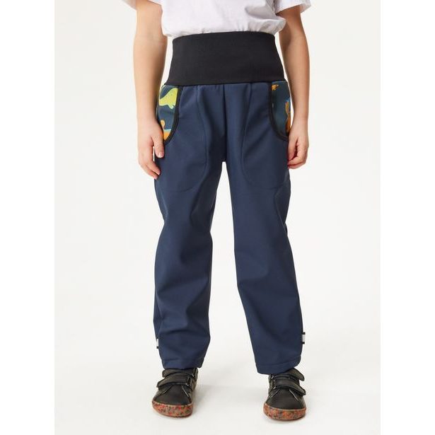 Unuo Dětské softshellové kalhoty s fleecem Basic, Tm. Modročerná, Dinosauři