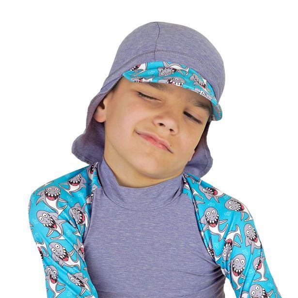 Unuo, Funkční čepice s kšiltem a plachetkou UV 50+, Žíhaná holubičí šedá, Žraloci (Unuo functional UPF 50+ cap with peak)