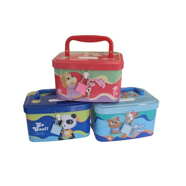 pokladnička KUFŘÍK+zámek, 3druhy, 13x9,5x8cm, plech